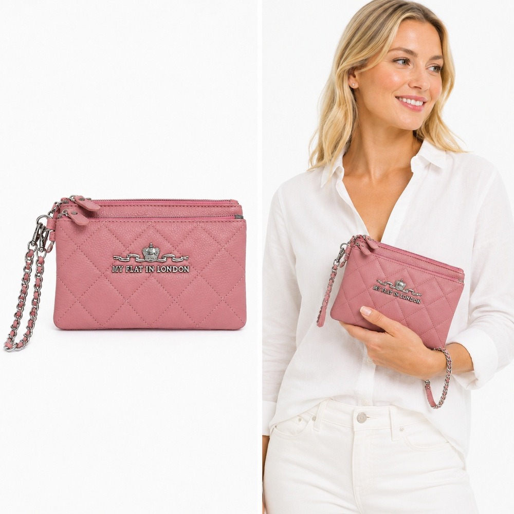 My Flat In London Wristlet Women OS Pink Quilted Leather Crown Logo Pouch Clutch